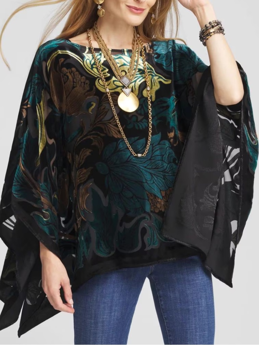 Chico's Black and Jewel-Toned Velvet Burnout Poncho w/Metallic Detail. L/XL.